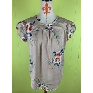 Women's Beige Blouse L Large Ruffled Floral Print Crew Neck Short Sleeve